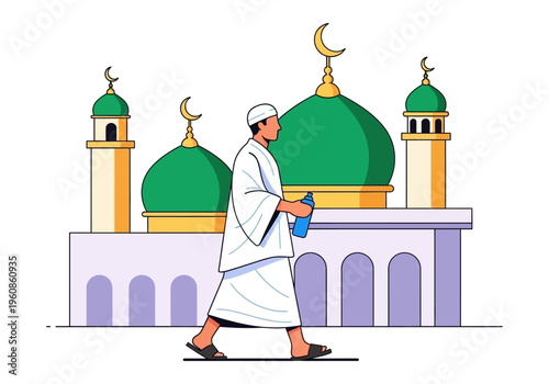 Muslim Pilgrim in Ihram Walking Near a Mosque During Hajj or Umrah Pilgrimage, Flat Vector Illustration