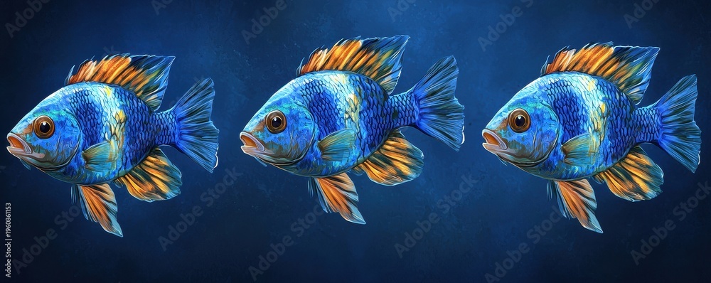Fototapeta premium Three vivid blue and orange striped tropical fish swimming in deep blue water