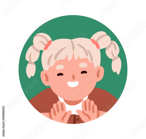 Cute happy smiling girl, round user profile. Positive funny kid, face avatar in circle. Laughing child, head portrait. Preschool character. Flat vector illustration isolated on white background.