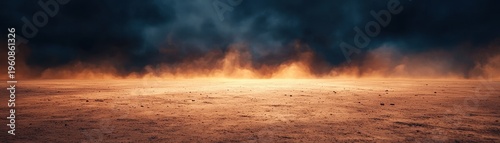 Expansive dusty desert landscape under  dramatic fiery orange and dark blue storm sky