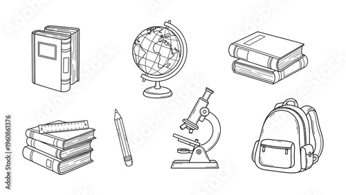 Education Essentials: A classic line drawing showcasing essential educational tools, symbolizing knowledge and learning.