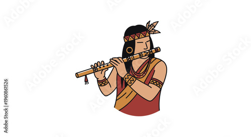 Indigenous Tribal Flute Musician Playing Traditional Wooden Instrument Vector Illustration