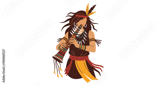 Indigenous Tribal Musician Playing Traditional Wooden Flute Vector Illustration Design Element
