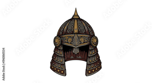 Ornate Tribal Warrior Helmet Vector Illustration Ancient Battle Armor Design Element
