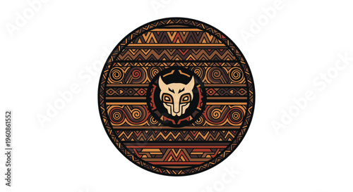Tribal Ceremonial Shield with Ethnic Geometric Pattern and Animal Icon Vector Illustration