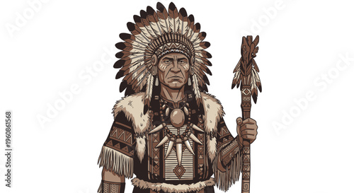 Native American Tribal Chief Illustration Wearing Traditional Feathered Headdress Vector Design Element