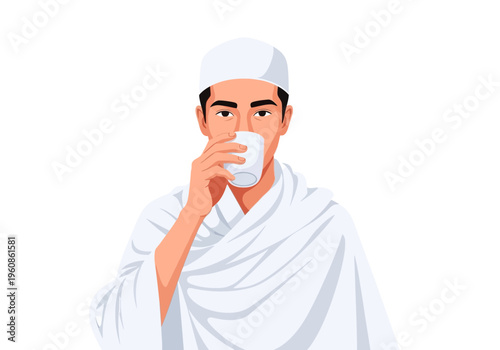 Muslim Man in Ihram Drinking Water During Hajj or Umrah Pilgrimage Vector Illustration