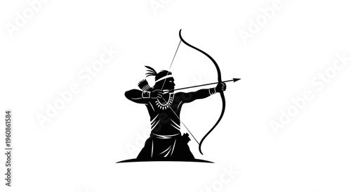 Indigenous Tribal Hunter Aiming Bow and Arrow Silhouette Illustration Vector Design Element
