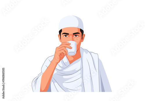 Muslim Pilgrim in Ihram Drinking Water Vector Illustration - Hajj and Umrah Spiritual Journey Concept Isolated on White Background