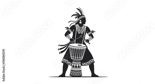 Traditional Tribal Musician Playing Drum Silhouette Illustration Vector Design Element