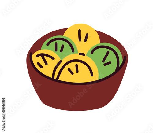 Citrus fruit slices in bowl. Lemon and lime segments, fresh ingredient for cooking. Healthy natural food, cut pieces, parts. Flat vector illustration isolated on white background.