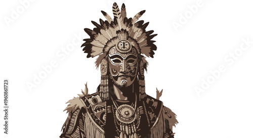 Indigenous Tribal Shaman Warrior Illustration with Feathers and Ceremonial Mask Vector