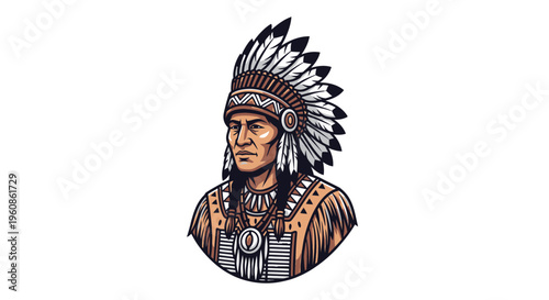 Indigenous Tribal Man with Feather War Bonnet Mascot Illustration Vector Design Element