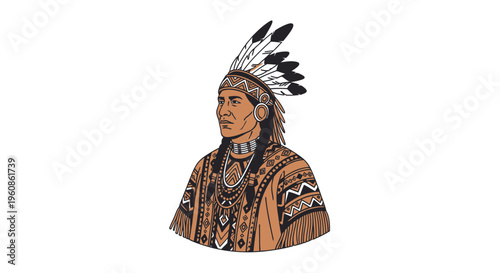 Native American Chief Vector Illustration Indigenous Tribal Man Wearing Traditional Feather Headdress