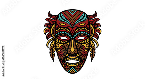 Hand Drawn Tribal Mask Ethnic Design Illustration Vector Element with Intricate Patterns