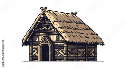 Traditional Tribal Hut Illustration with Thatched Roof and Wooden Structure Design Element
