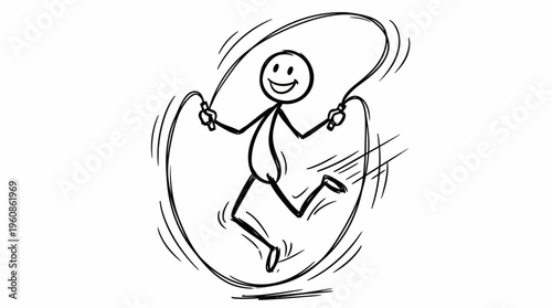 Energetic Stickman Character Jumping High While Skipping Rope, Demonstrating Active Play, in bright studio