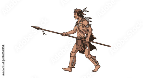 Tribal Indigenous Warrior Hunter Walking with Spear Illustration Vector Design Element