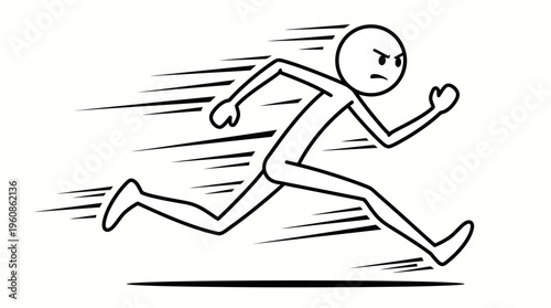 Stressed Stickman Character Running Quickly with Speed Lines, Depicting Urgency or Panic, in an isolated white background