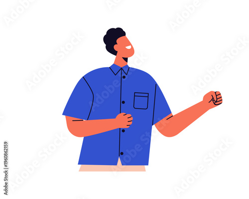 Happy man, joyful excited emotion, positive smiling expression. Male with clenched fist, celebration gesture. Excitement, enthusiasm and joy. Flat vector illustration isolated on white background.
