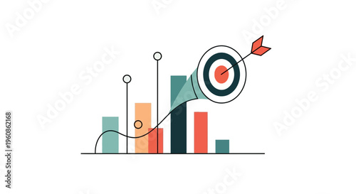 Business growth and success illustrated by a dart hitting a target with upward trending bar graphs