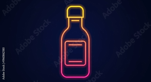 Glowing Neon Bottle Icon with Pink and Yellow Gradient on Dark Background - Minimalist Line Art Illustration
