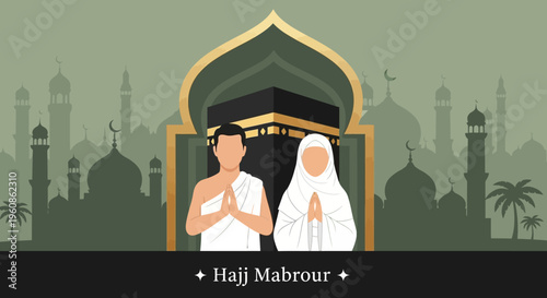 Hajj Mabrour Greeting Illustration with Muslim Couple in Ihram at the Holy Kaaba