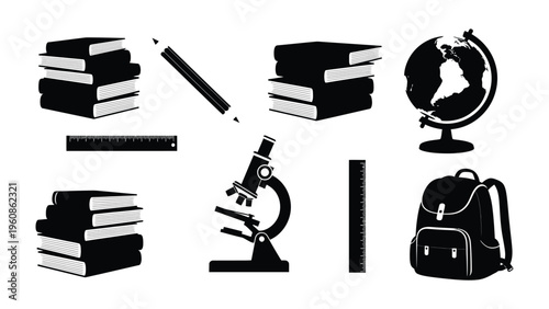 Essentials of Education: An array of educational tools, from books to globes, pencils to microscopes, come together. Evoking a sense of learning and exploration for students.