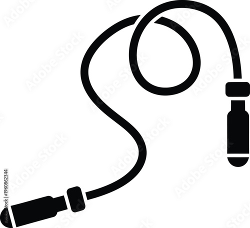 A simple black silhouette of a jump rope with handles displayed on a plain white background