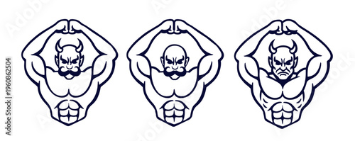 Strong Devil Mascot Character Variations, Muscular Man with Horns Line Art Vector Illustration