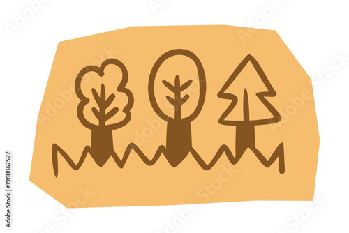 Hand drawn row of three different trees with grass on tan shaped element for scrapbook and journal. Vector illustration design.