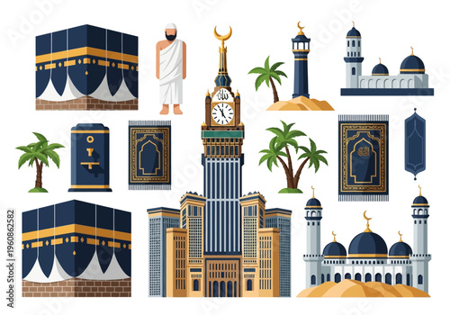 Islamic Hajj and Umrah Icons Set: Kaaba, Makkah Clock Tower, Mosque, and Pilgrimage Symbols Vector Illustration