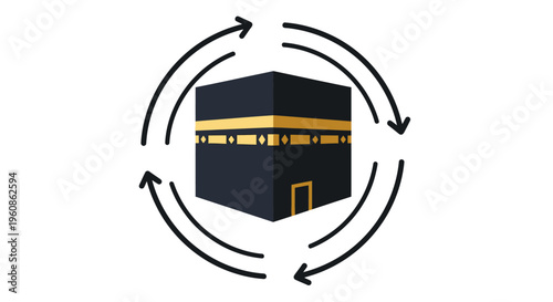 Minimalist Kaaba Icon with Tawaf Circumambulation Arrows for Hajj and Umrah Pilgrimage Vector Illustration
