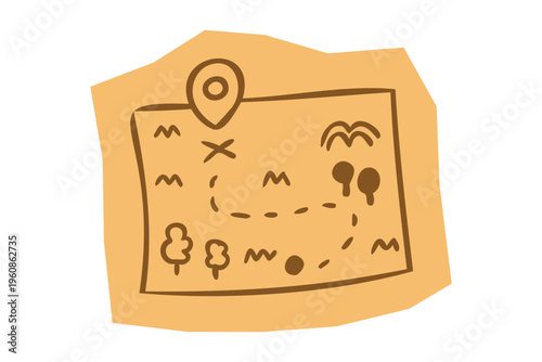 Hand drawn treasure map with location pin and route for scrapbook and journal. Vector illustration design.