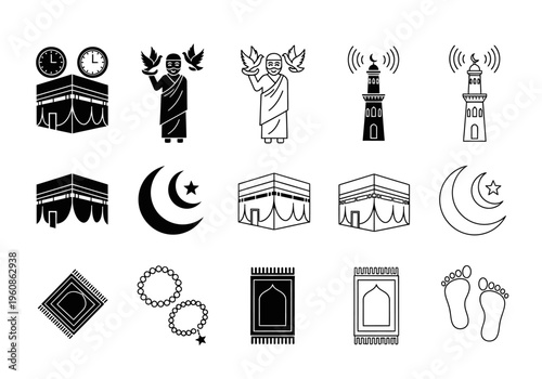 Islamic Hajj and Umrah Icon Set: Vector Symbols of Kaaba, Pilgrim, Minaret, Prayer Mat, and Religious Symbols for Pilgrimage