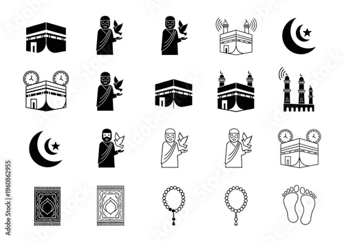 Islamic Hajj and Umrah Icon Set with Kaaba, Pilgrim, Prayer Mat, Crescent Moon, and Tasbih Vector Symbols for Religious Design