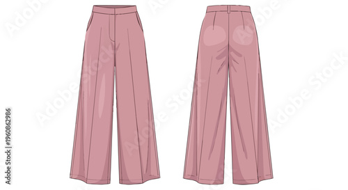 A stylish illustration of elegant wide-leg palazzo trousers in a soft blush pink hue, featuring detailed front and back views for versatile fashion