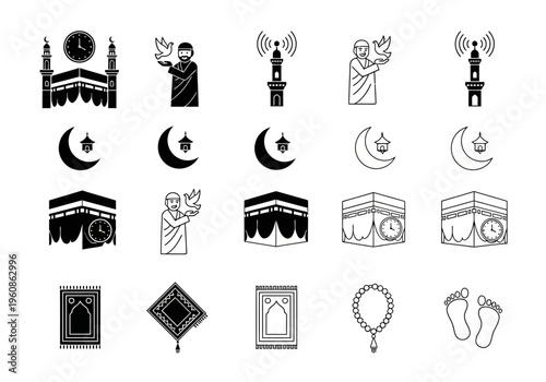 Islamic Icon Set for Ramadan, Hajj and Umrah Featuring Kaaba, Prayer Rug, and Religious Symbols