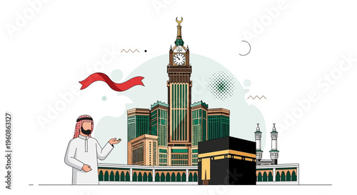 Mecca Pilgrimage Illustration with Kaaba Clock Tower and Saudi Man for Hajj and Umrah Travel Concepts