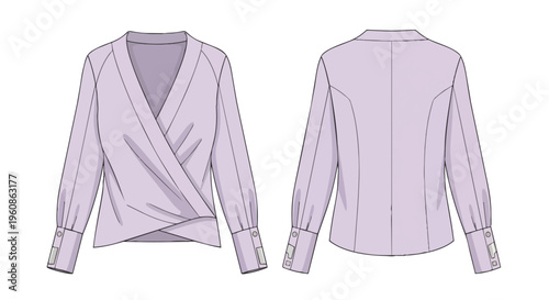 A detailed technical flat illustration presenting a fashionable women's lavender wrap blouse with elegant long cuffed sleeves, perfect for modern