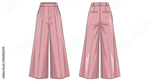 Elegant wide-leg trousers fashion flat illustration, front and back views, blush pink design