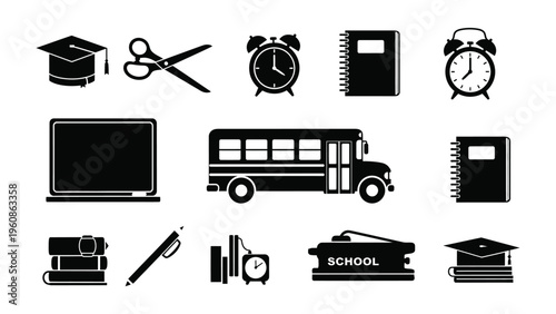 School Icon Collection: A meticulously curated assembly of school-related icons, meticulously presented in a striking monochrome aesthetic.