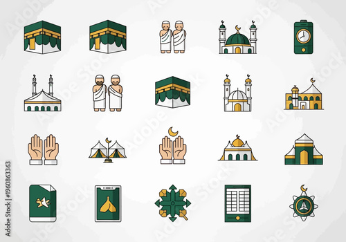 Hajj and Umrah Islamic Pilgrimage Icon Set Featuring Kaaba, Mosque, Pilgrims in Ihram, Prayer Hands, and Mina Tents - Flat Vector Illustrations for Religious Design