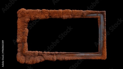 Time lapse static closeup of rectangular metal border corroding with rust growth on black isolated background in studio