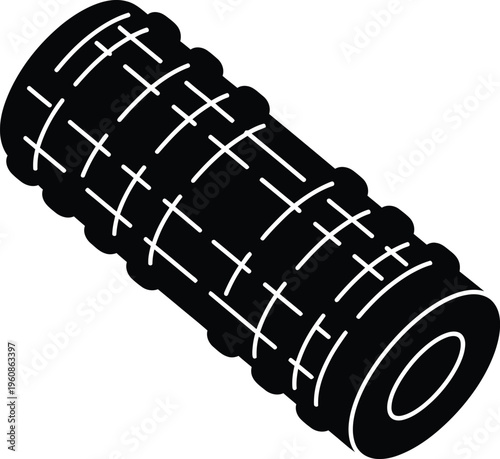 A black and white illustration of a foam roller a cylindrical fitness tool for muscle recovery