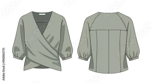 Professional technical flat sketch illustrating a contemporary women's stylish wrap blouse design with refined puff sleeves showing front and back