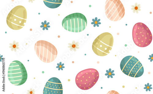Seamless pattern with cute Easter eggs and flowers. Design for banners, wallpapers, packaging, backgrounds, cards, and posters. Vector illustration for the Easter holiday.