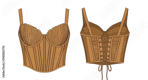 Elegant tan fashion corset design showcasing intricate front pleating and classic lace-up back detail. A sophisticated contemporary apparel item