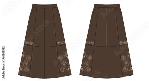 Elegant brown skirt design with intricate folk-inspired botanical embroidery pattern