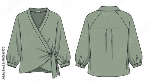 Modern women's wrap blouse technical flat drawing with puff sleeves and tie closure design illustration